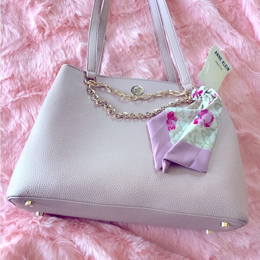 NEW Anne Klein Women Pink Handbag with Chic Foulard Handkerchief Gold Accents